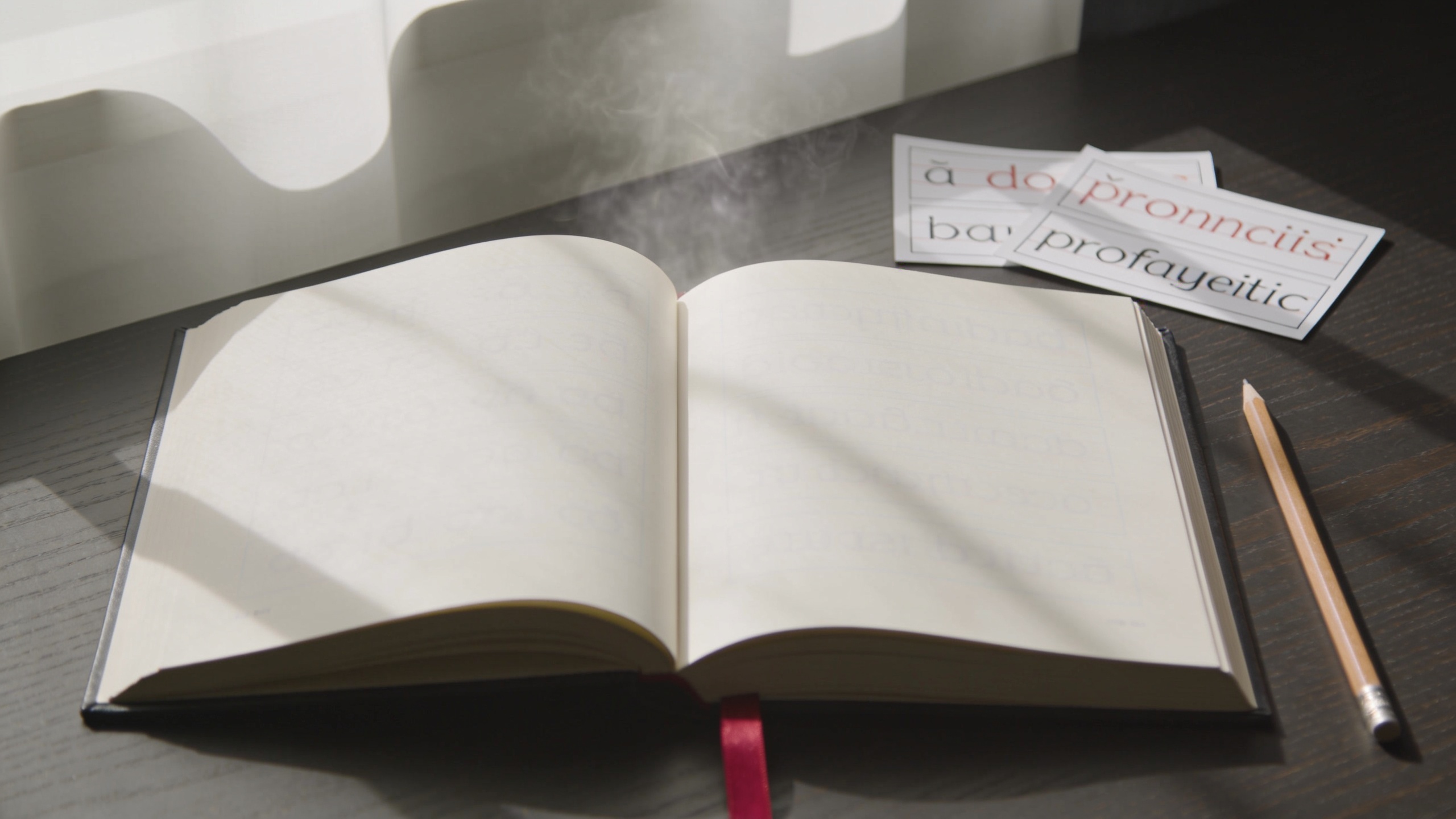 Editorial Polish pronunciation study scene with an open notebook, soft daylight, and a crimson bookmark